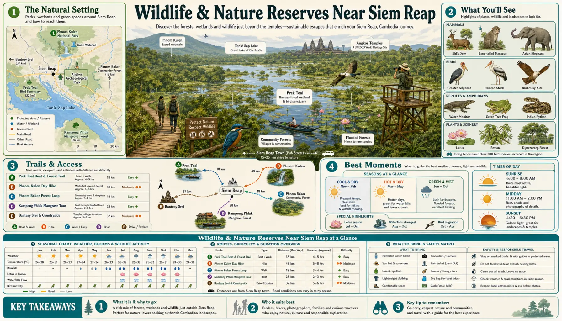 Travel infographic guide poster: Wildlife and Nature Reserves in Siem Reap & Angkor Wat