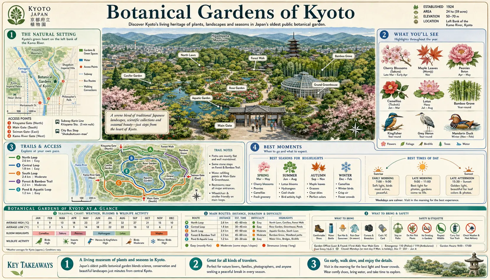 Travel infographic guide poster: Botanical Gardens in Kyoto