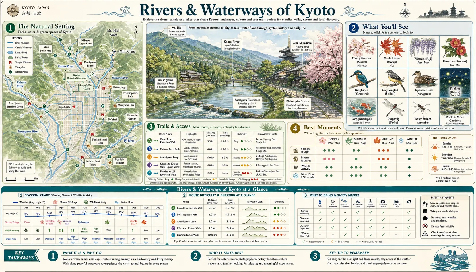 Travel infographic guide poster: Rivers and Waterways in Kyoto