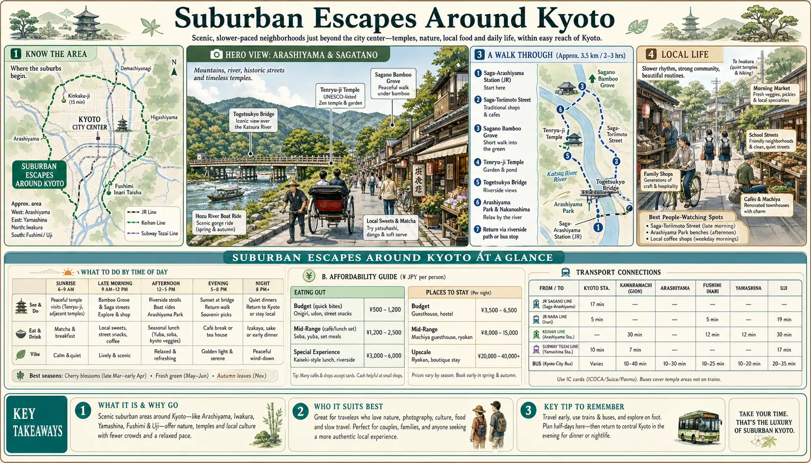 Travel infographic guide poster: Suburban Escapes in Kyoto
