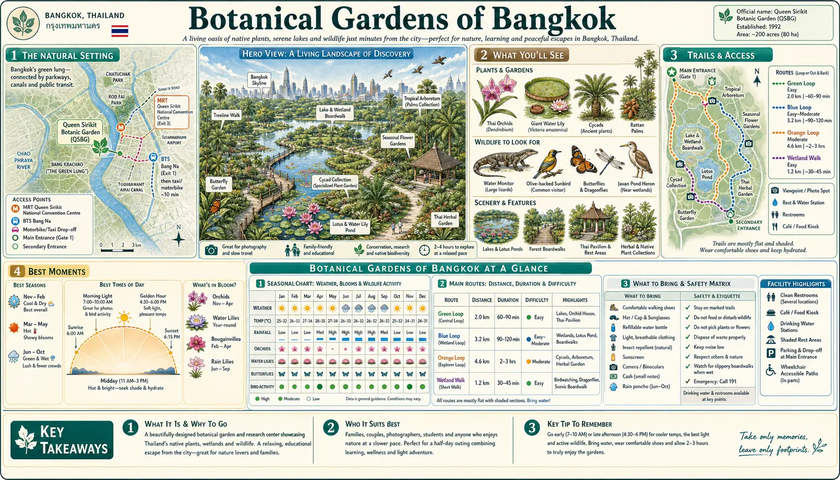 Travel infographic guide poster: Botanical Gardens in Bangkok