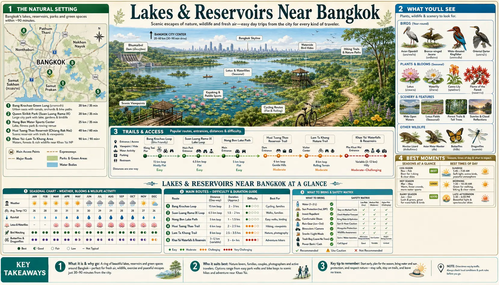 Travel infographic guide poster: Lakes and Reservoirs in Bangkok