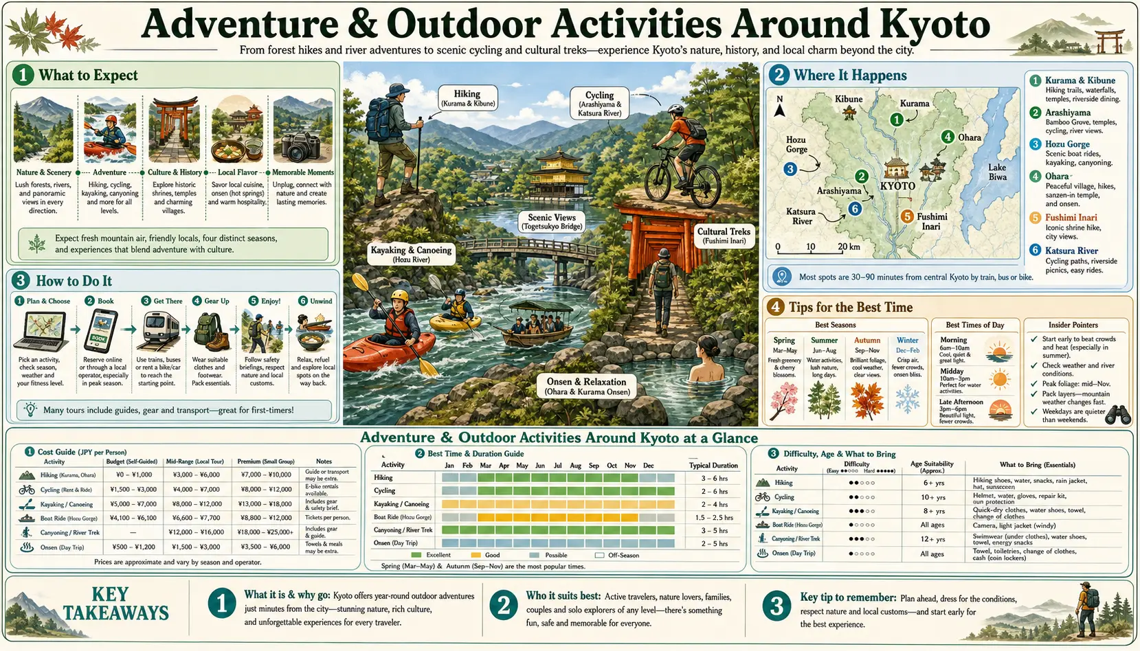 Travel infographic guide poster: Adventure and Outdoor Activities in Kyoto
