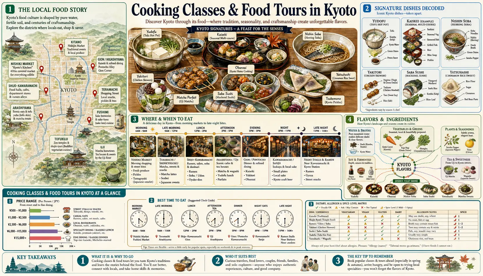 Travel infographic guide poster: Cooking Classes and Food Tours in Kyoto