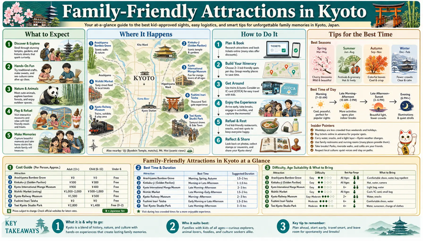 Travel infographic guide poster: Family Friendly Attractions in Kyoto