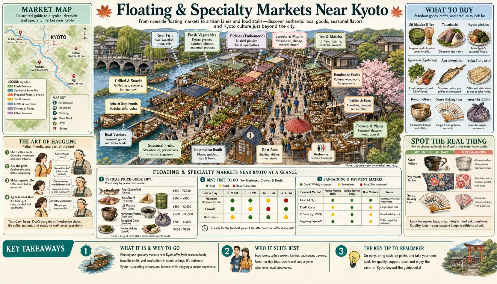 Travel infographic guide poster: Floating and Specialty Markets in Kyoto