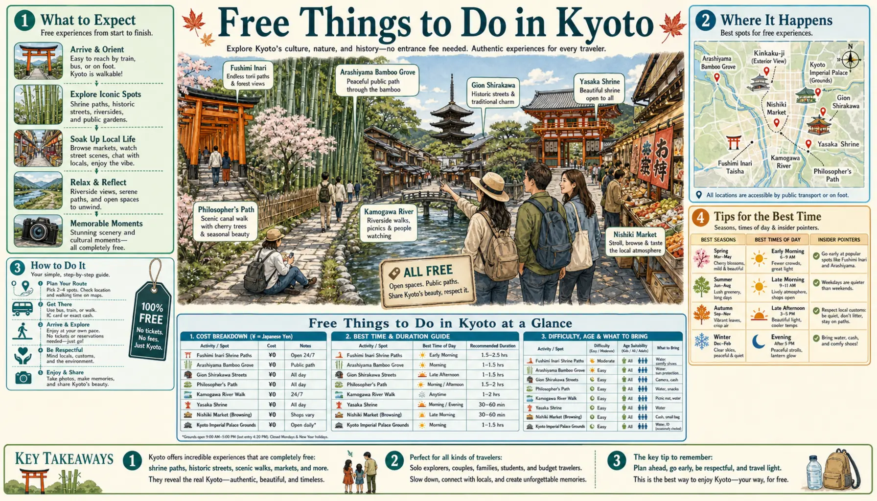 Travel infographic guide poster: Free Things to Do in Kyoto