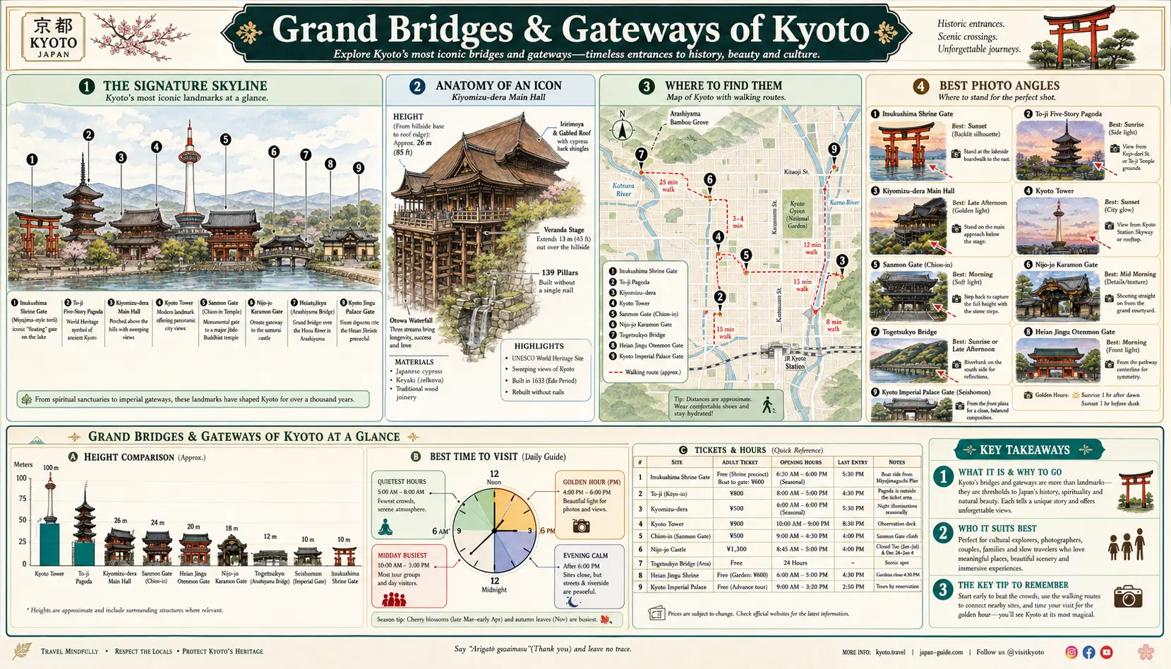 Travel infographic guide poster: Grand Bridges and Gateways in Kyoto