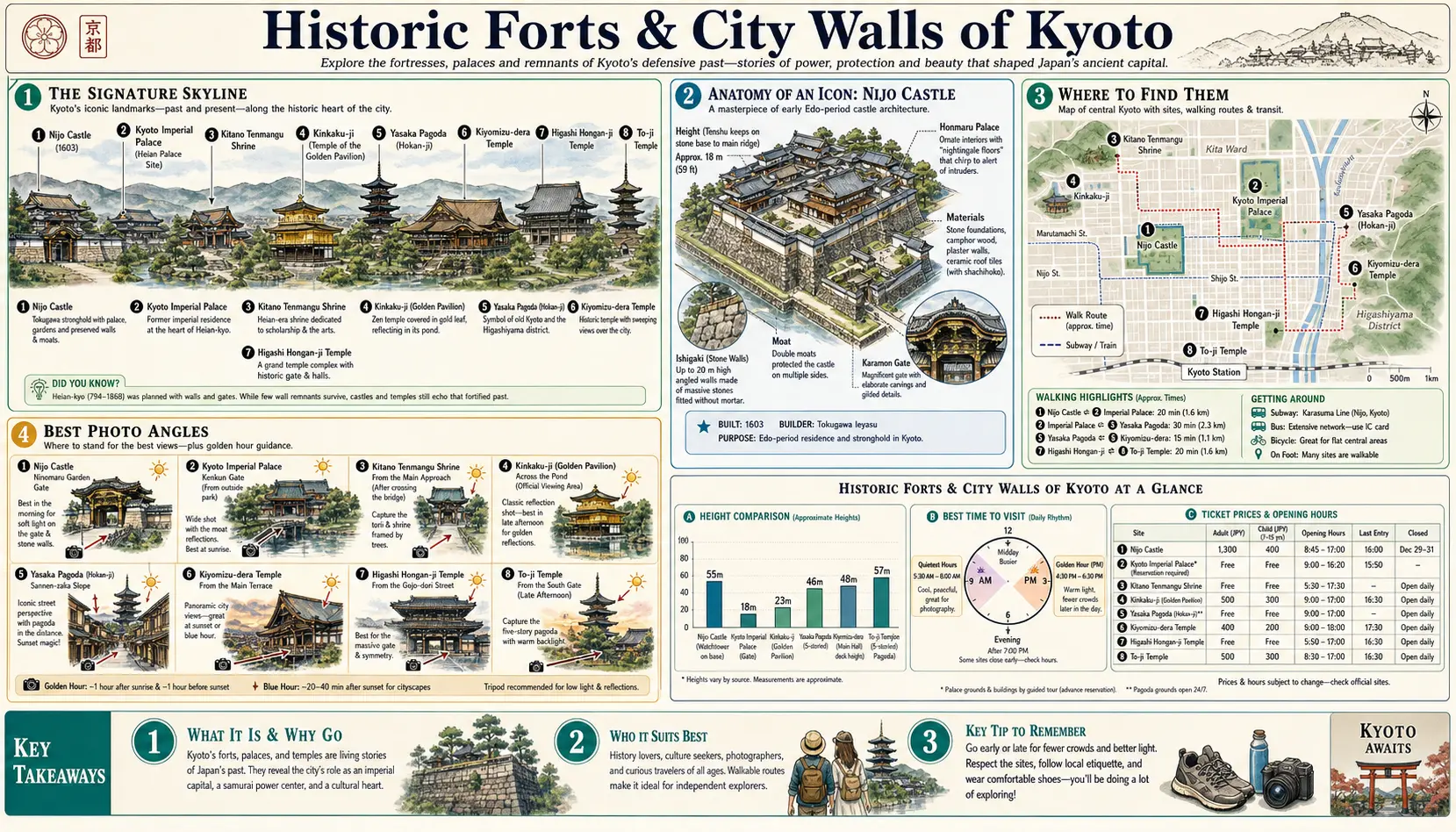 Travel infographic guide poster: Historic Forts and City Walls in Kyoto