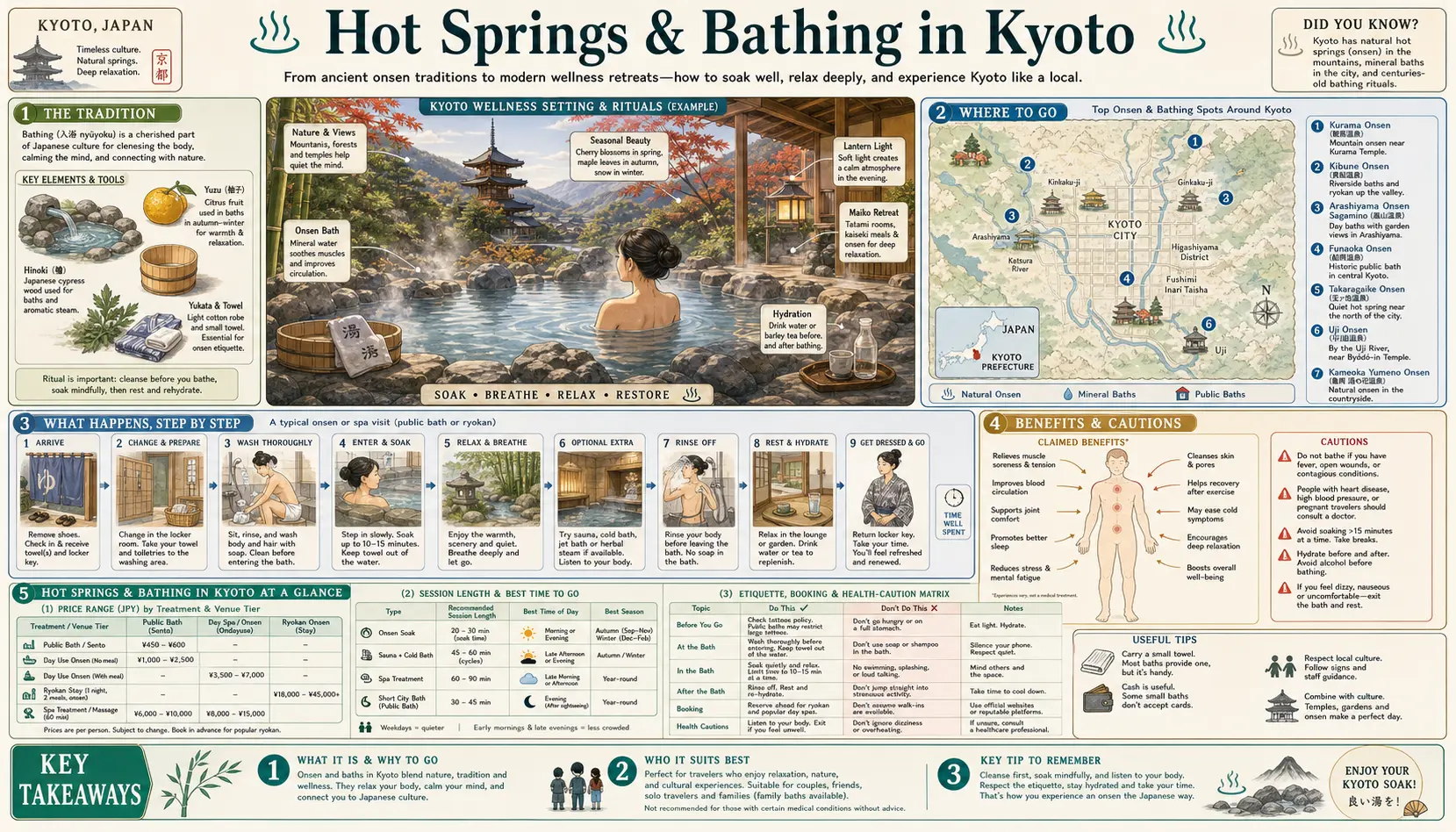 Travel infographic guide poster: Hot Springs and Bathing in Kyoto
