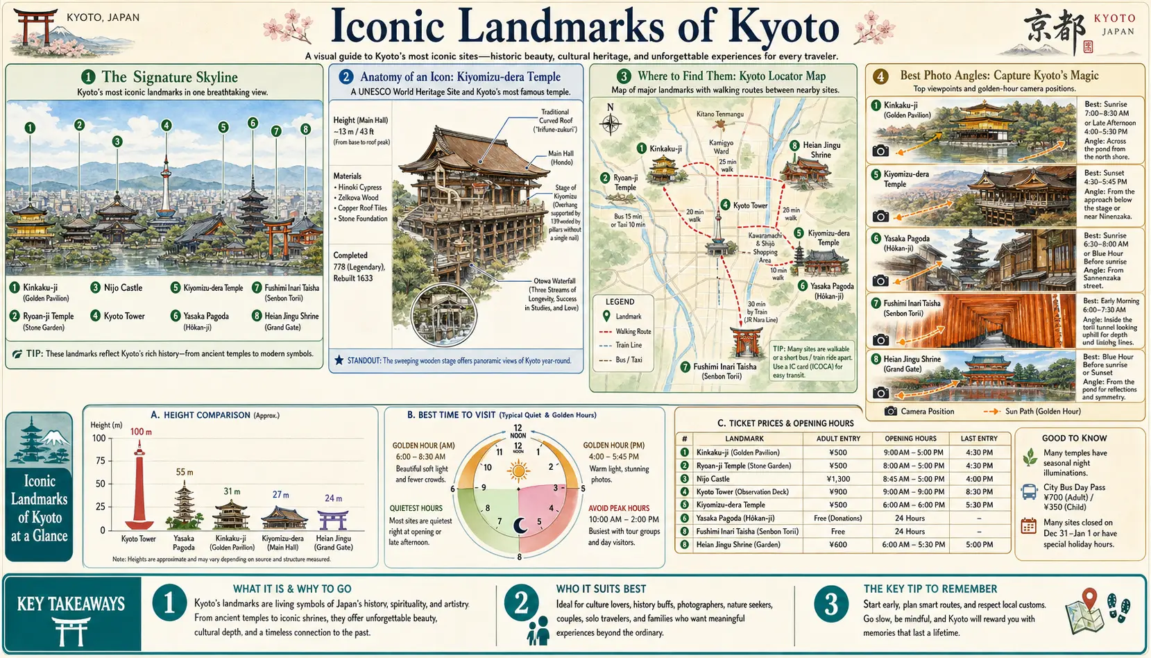 Infographic guide poster to Kyoto's iconic landmarks — annotated skyline, Kiyomizu-dera cutaway, locator map with walking routes, best photo angles, and charts of heights, timing and ticket prices