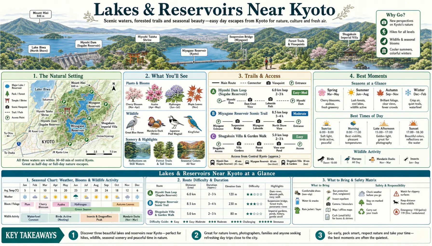 Travel infographic guide poster: Lakes and Reservoirs in Kyoto