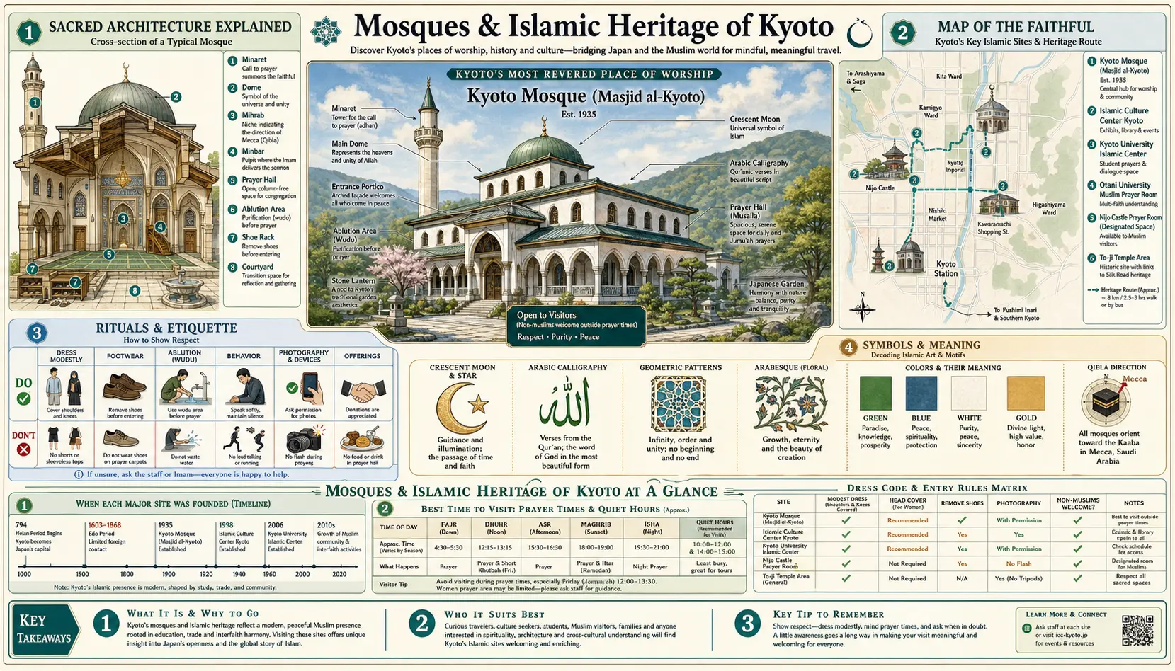 Travel infographic guide poster: Mosques and Islamic Heritage in Kyoto