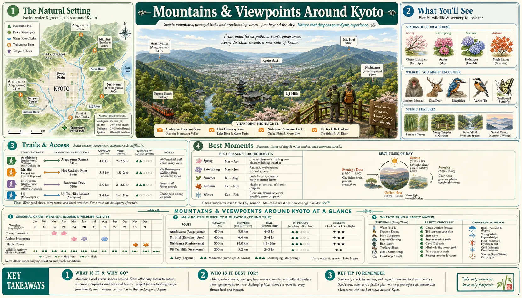 Travel infographic guide poster: Mountains and Viewpoints in Kyoto