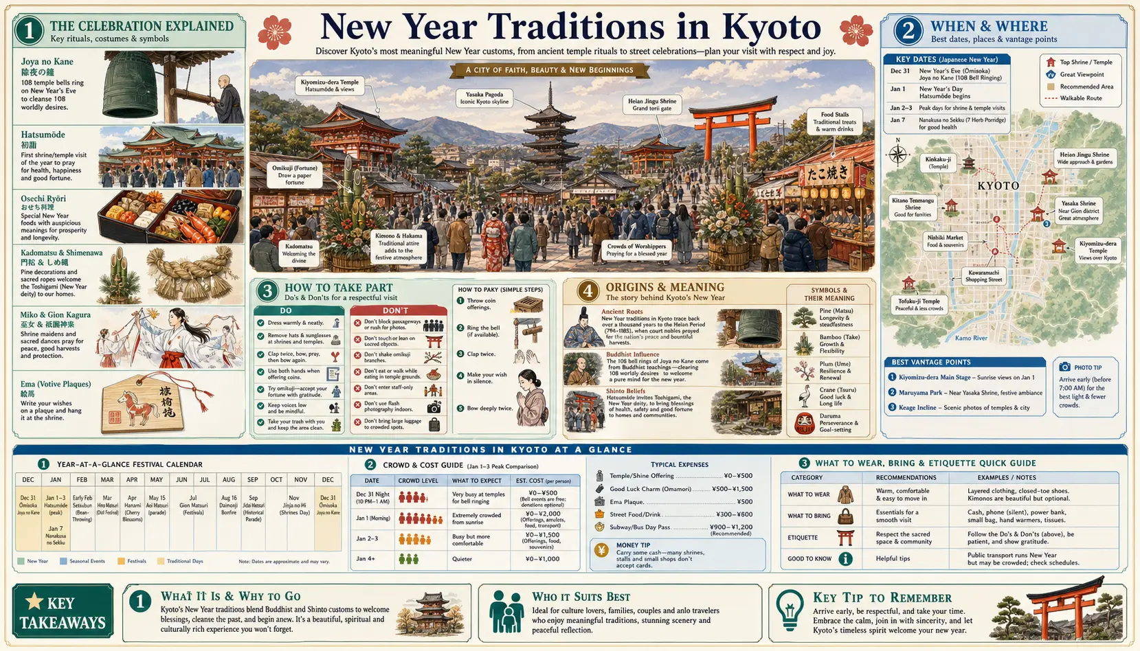 Travel infographic guide poster: New Year Traditions in Kyoto