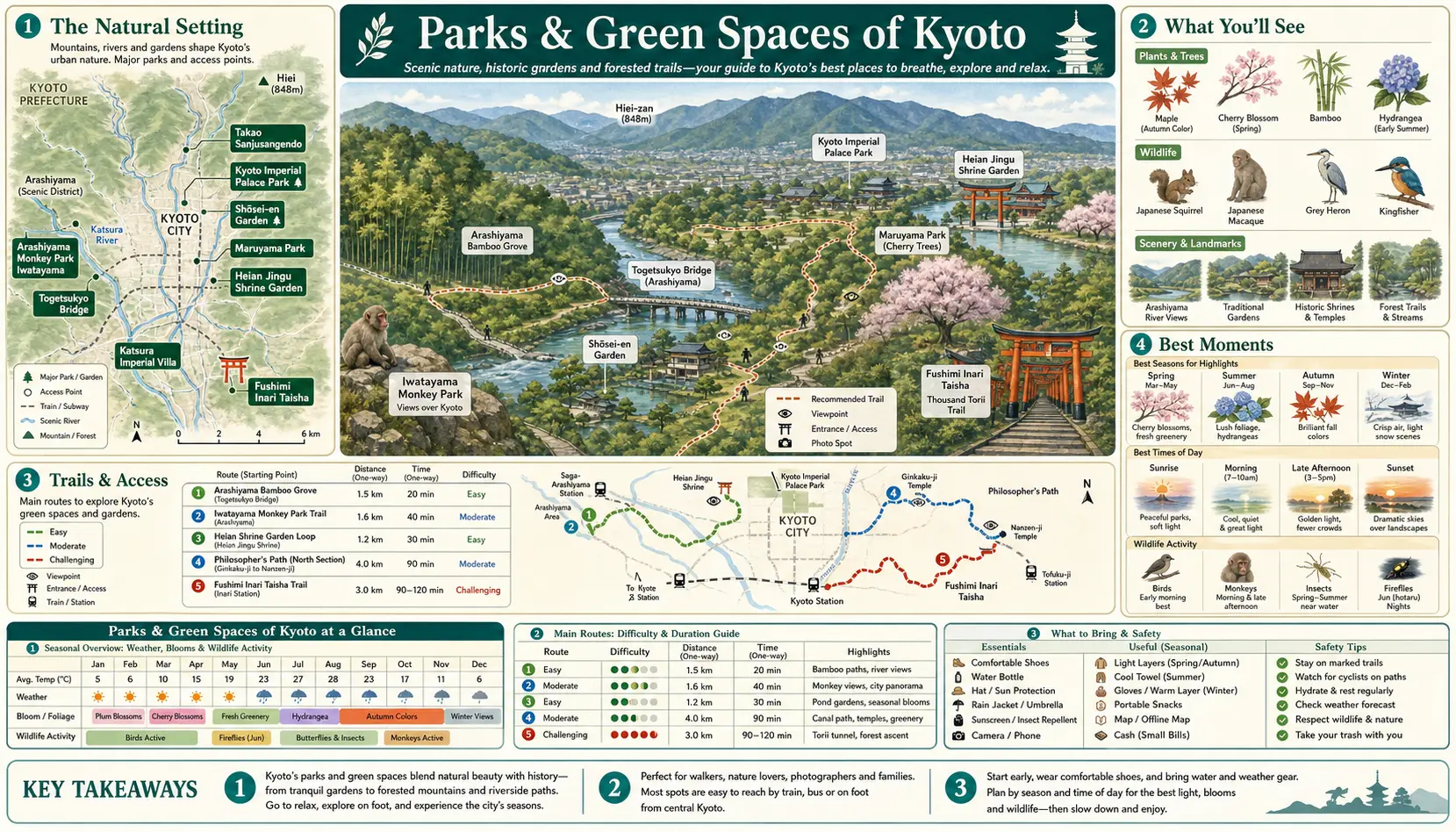 Travel infographic guide poster: Parks and Green Spaces in Kyoto