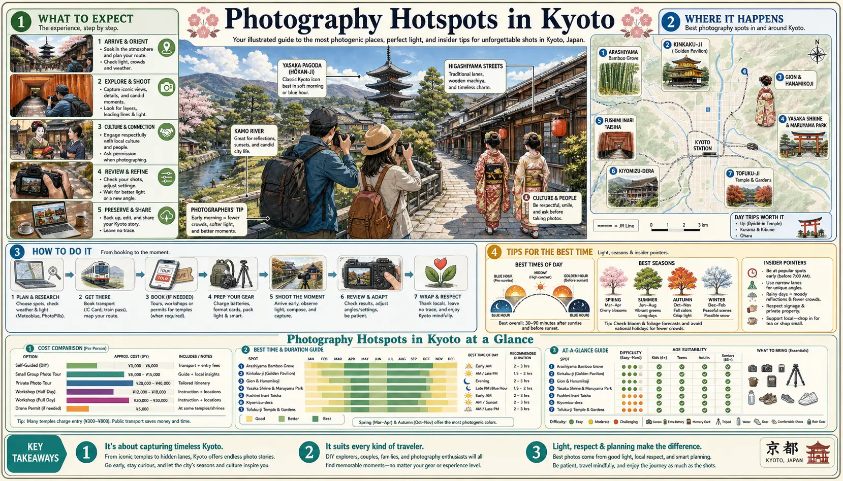 Travel infographic guide poster: Photography Hotspots in Kyoto