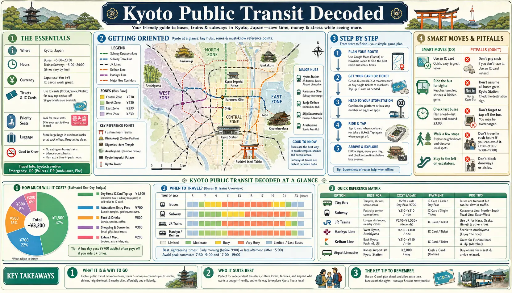 Travel infographic guide poster: Public Transit Decoded in Kyoto
