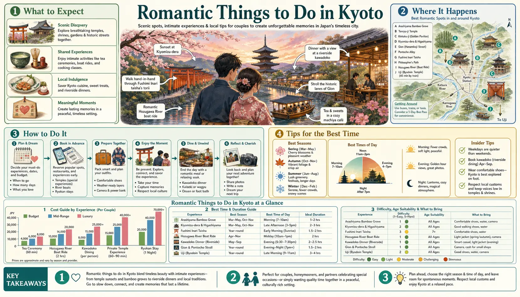 Travel infographic guide poster: Romantic Things to Do in Kyoto