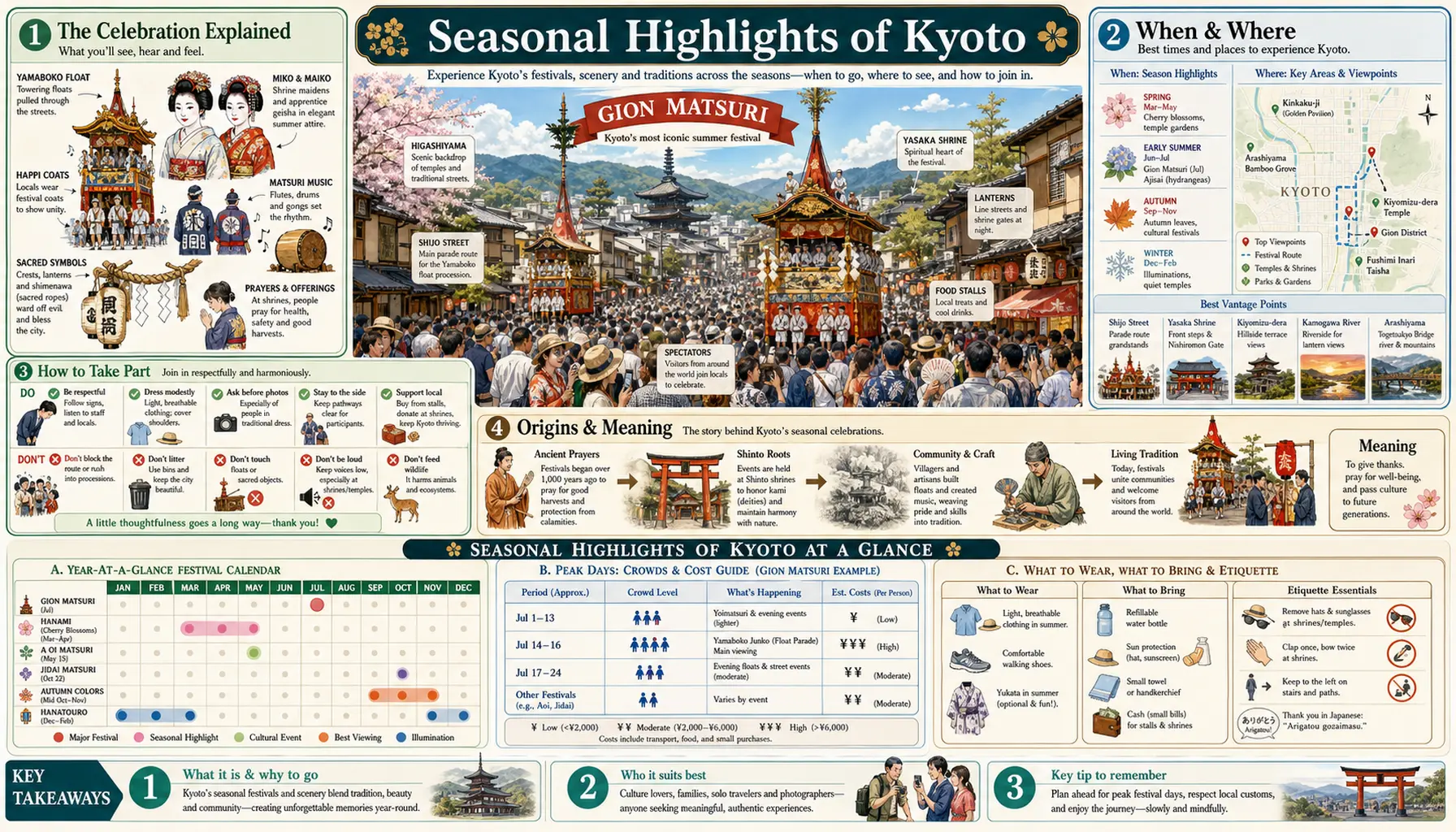 Travel infographic guide poster: Seasonal Highlights in Kyoto