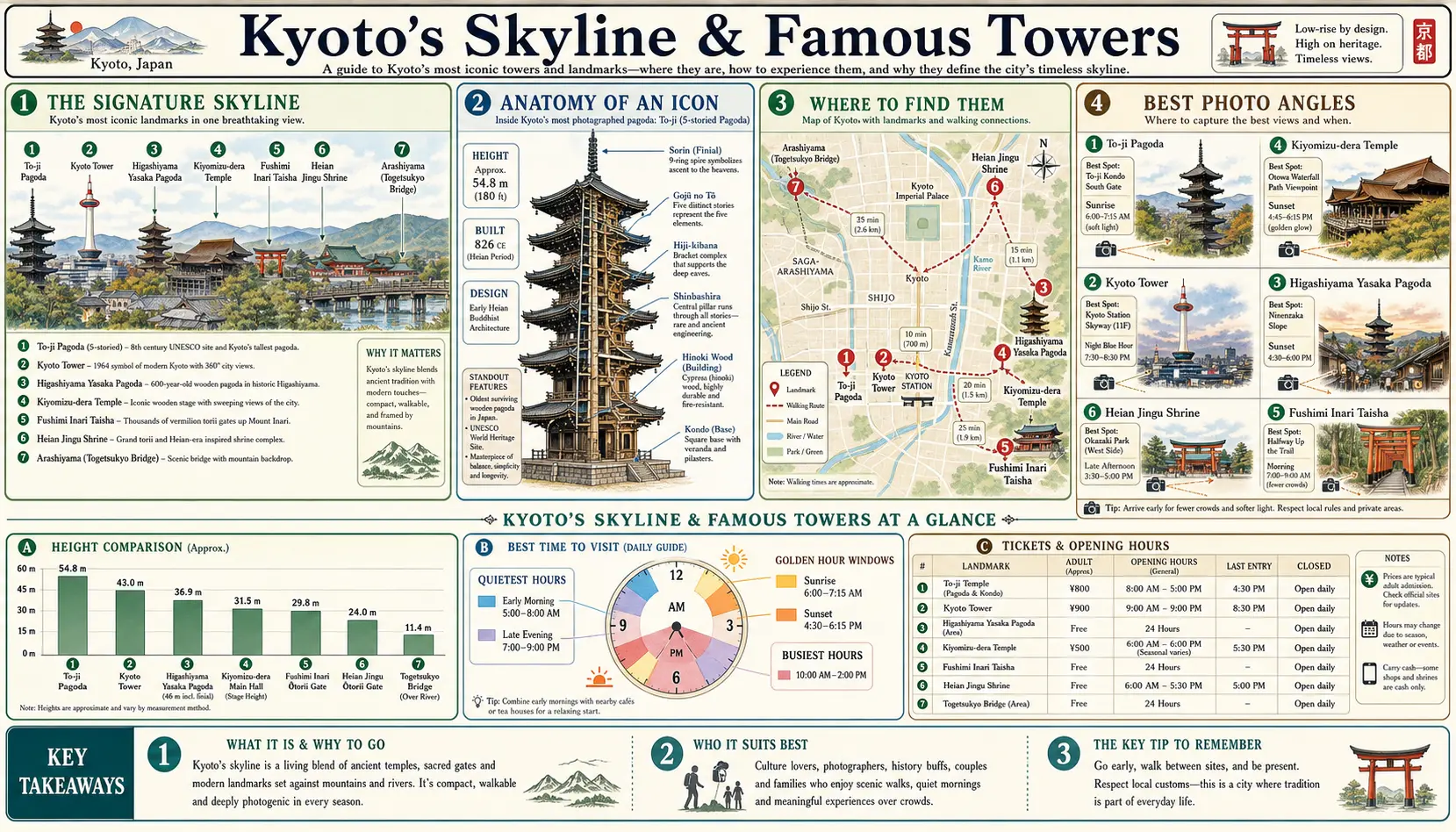 Travel infographic guide poster: Skyline and Famous Towers in Kyoto