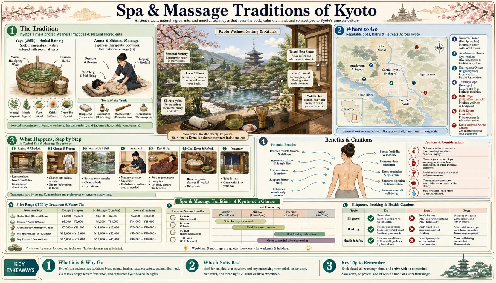Travel infographic guide poster: Spa and Massage Traditions in Kyoto