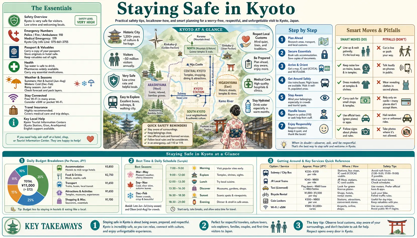 Travel infographic guide poster: Staying Safe in Kyoto