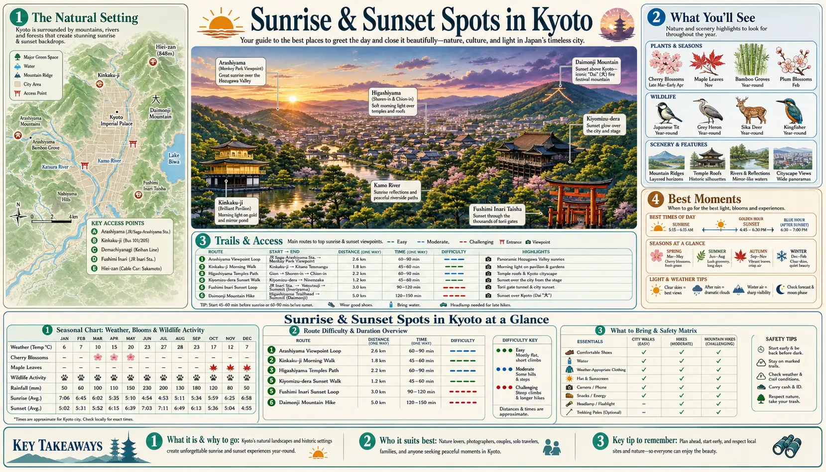 Travel infographic guide poster: Sunrise and Sunset Spots in Kyoto