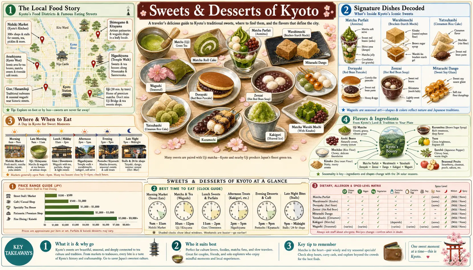 Travel infographic guide poster: Sweets and Desserts in Kyoto