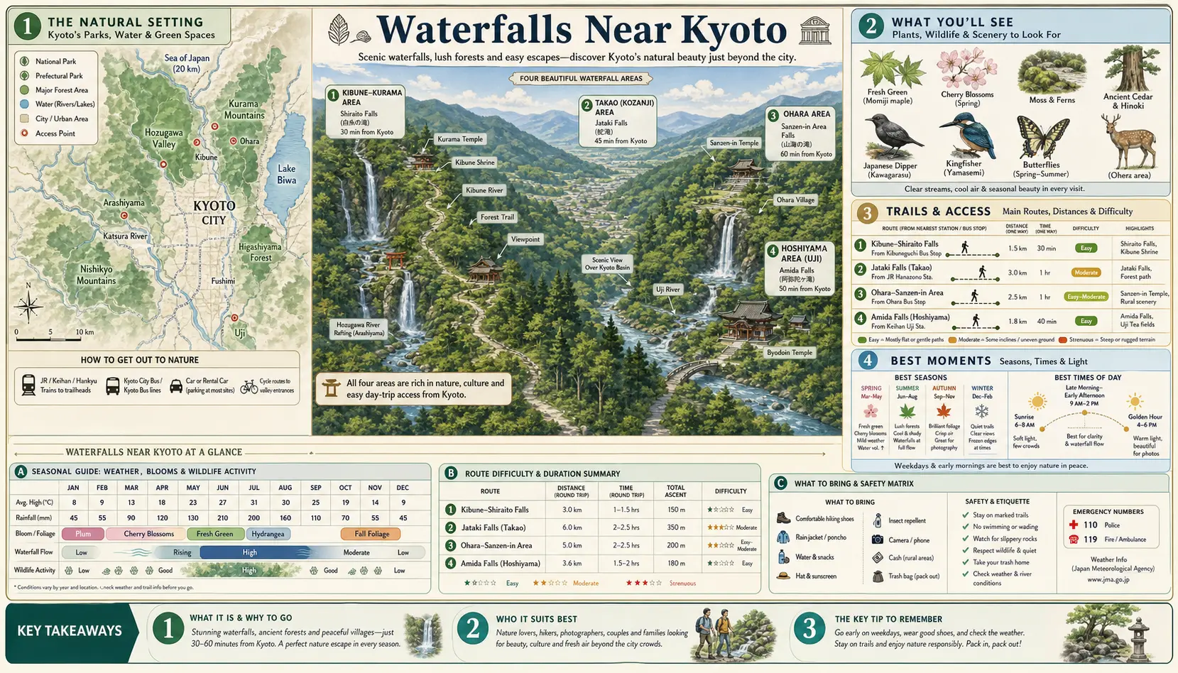 Travel infographic guide poster: Waterfalls in Kyoto