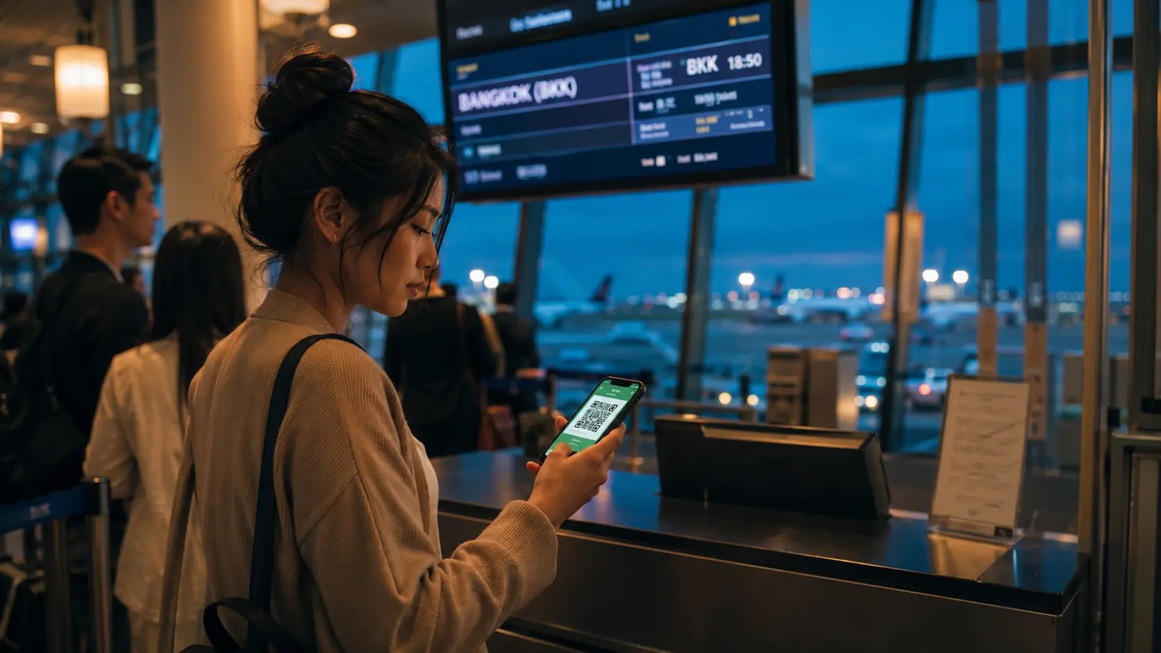 Bangkok airport boarding gate scene at dusk with a passenger checking the Thailand Digital Arrival Card QR code on a phone screen