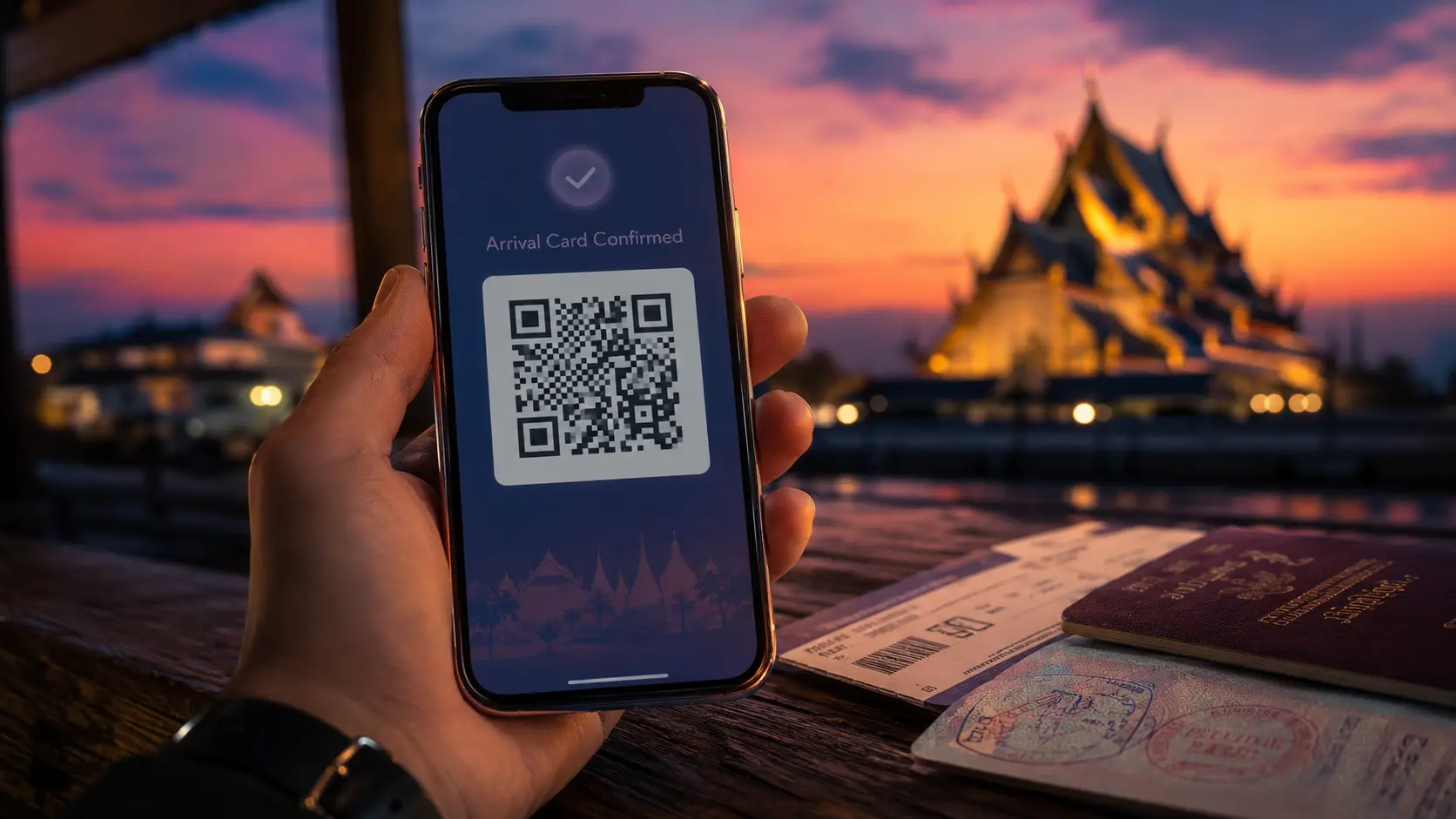 Close-up of a smartphone displaying the TDAC confirmation QR code with Thai temple skyline reflected in the background