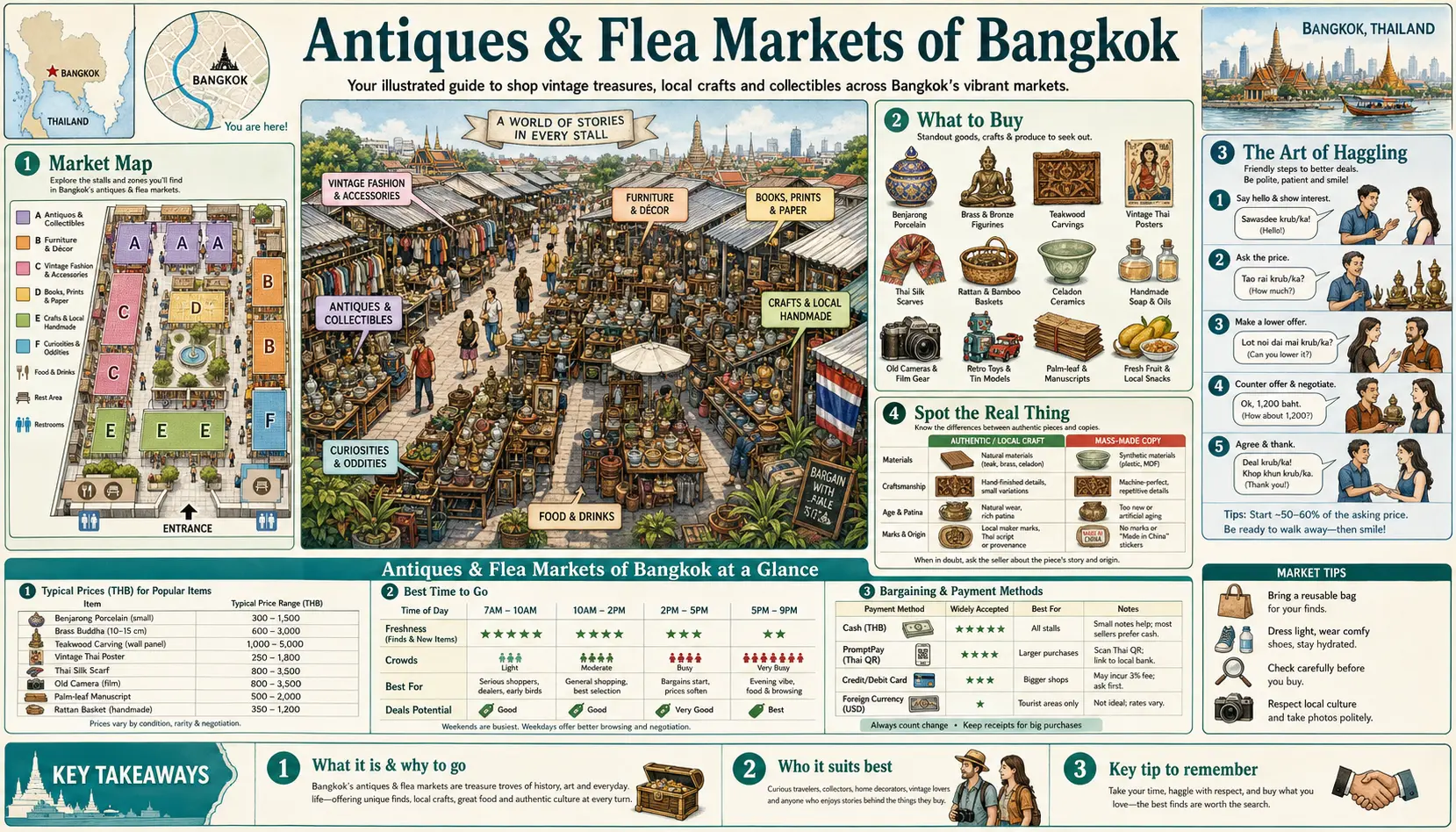 Travel infographic guide poster: Antiques and Flea Markets in Bangkok