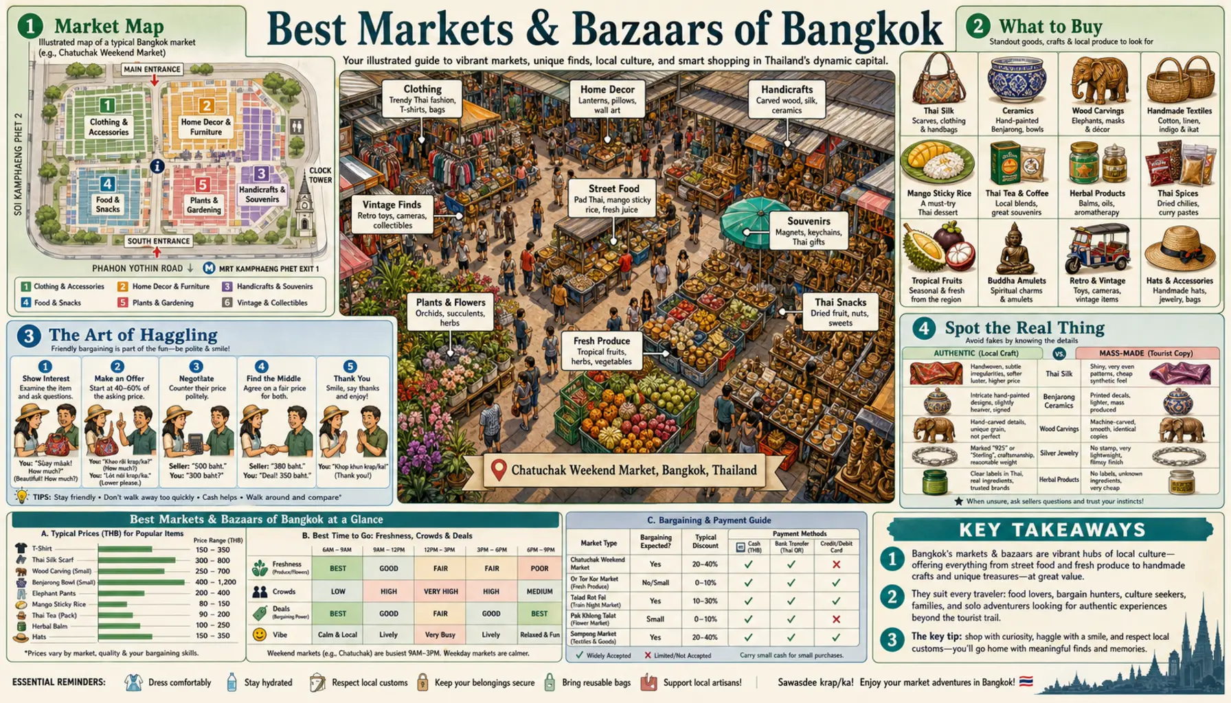 Travel infographic guide poster: Best Markets and Bazaars in Bangkok