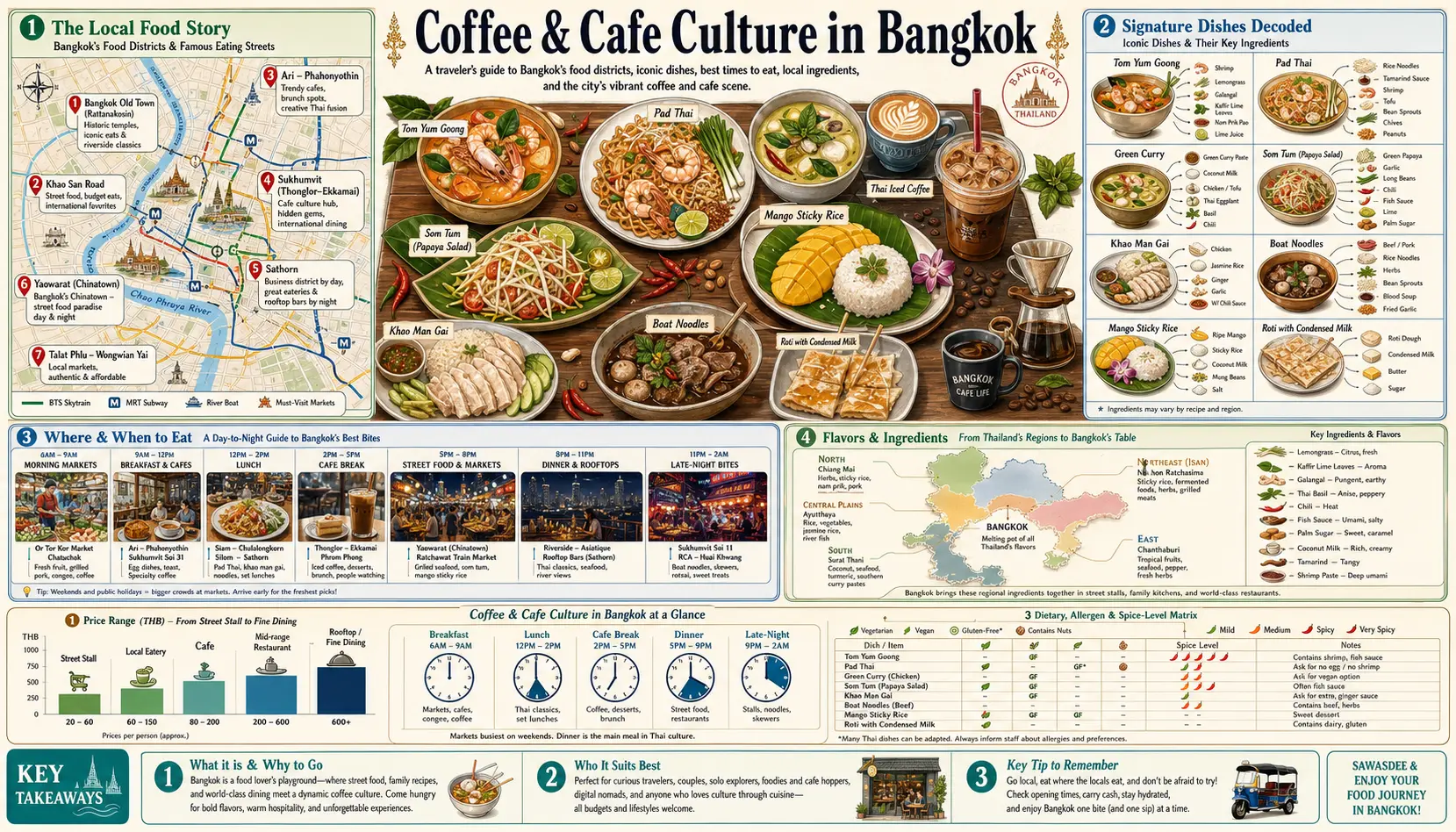 Travel infographic guide poster: Coffee and Cafe Culture in Bangkok