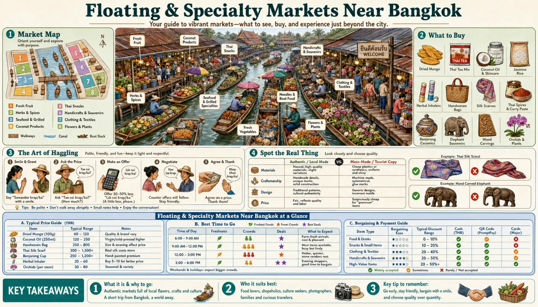 Travel infographic guide poster: Floating and Specialty Markets in Bangkok