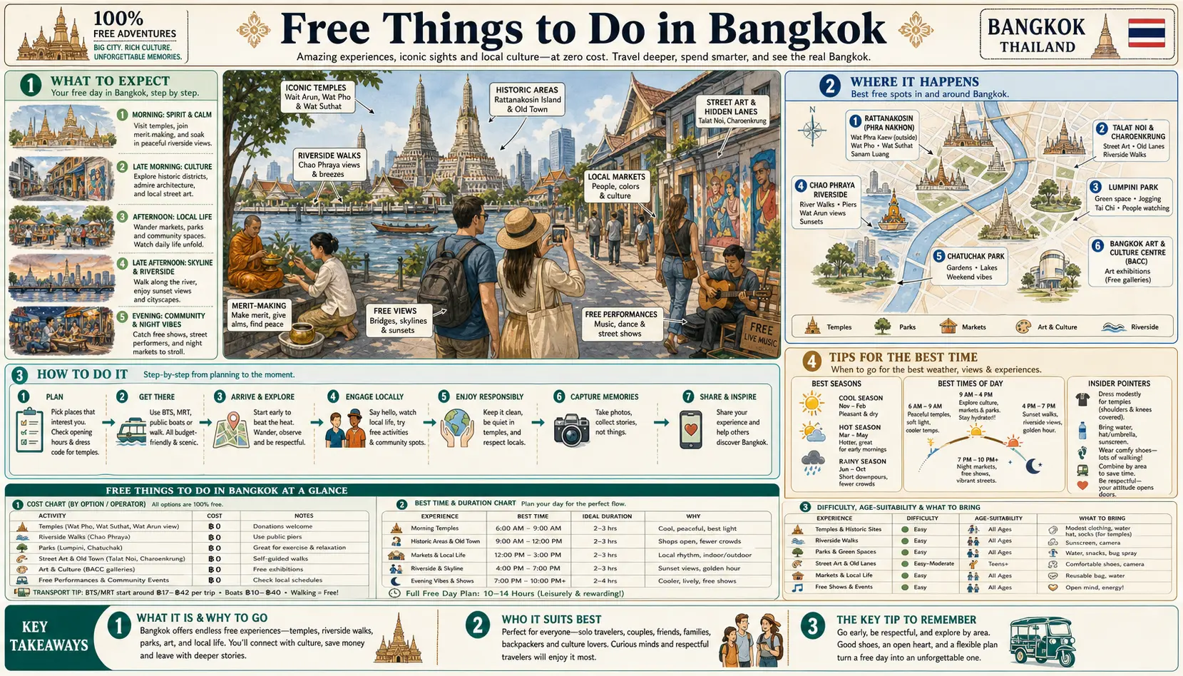 Travel infographic guide poster: Free Things to Do in Bangkok
