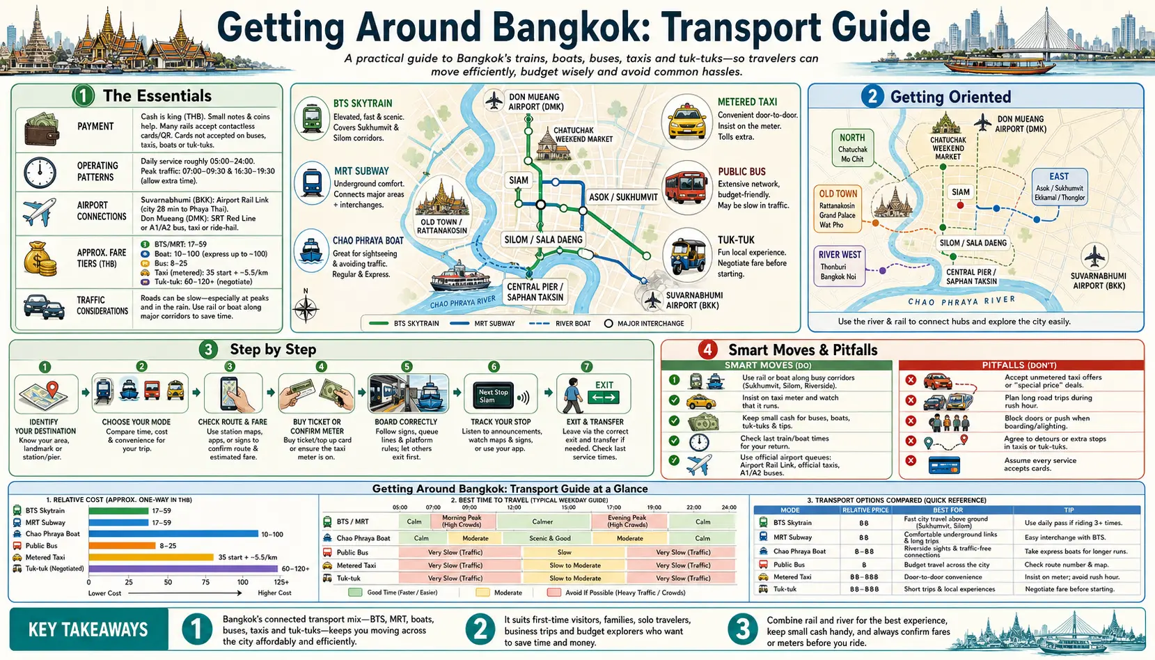 Travel infographic guide poster: Getting around Transport Guide in Bangkok