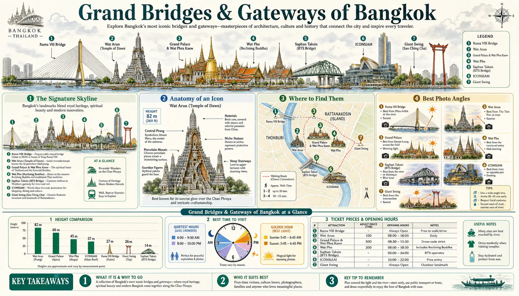 Travel infographic guide poster: Grand Bridges and Gateways in Bangkok