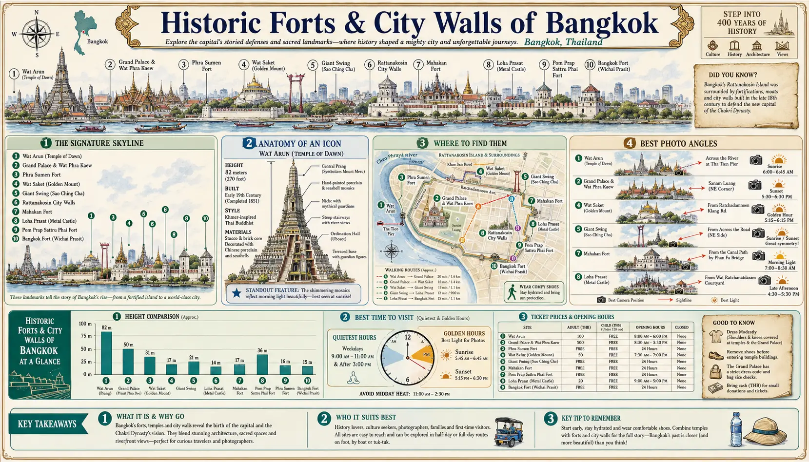 Travel infographic guide poster: Historic Forts and City Walls in Bangkok