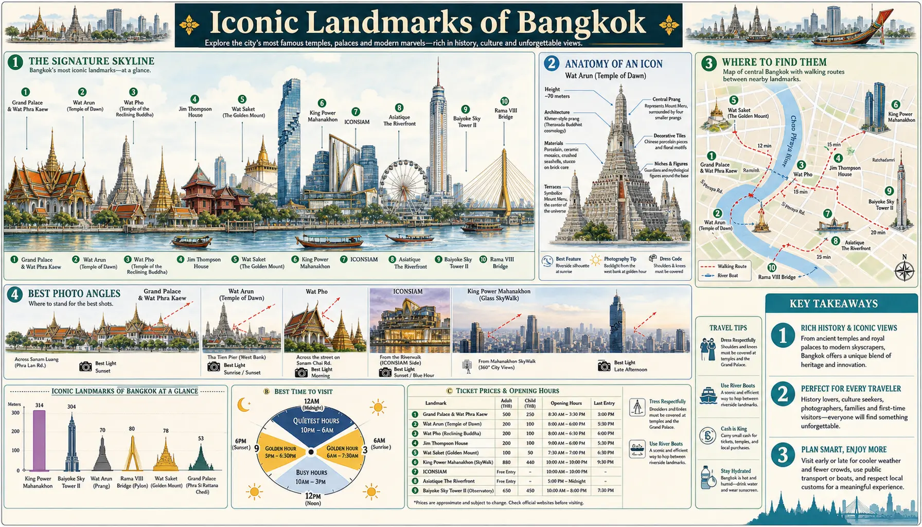 Travel infographic guide poster: Iconic Landmarks in Bangkok
