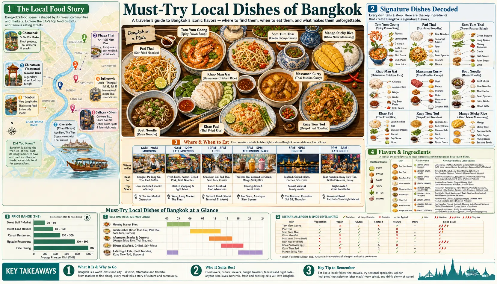 Travel infographic guide poster: Must Try Local Dishes in Bangkok