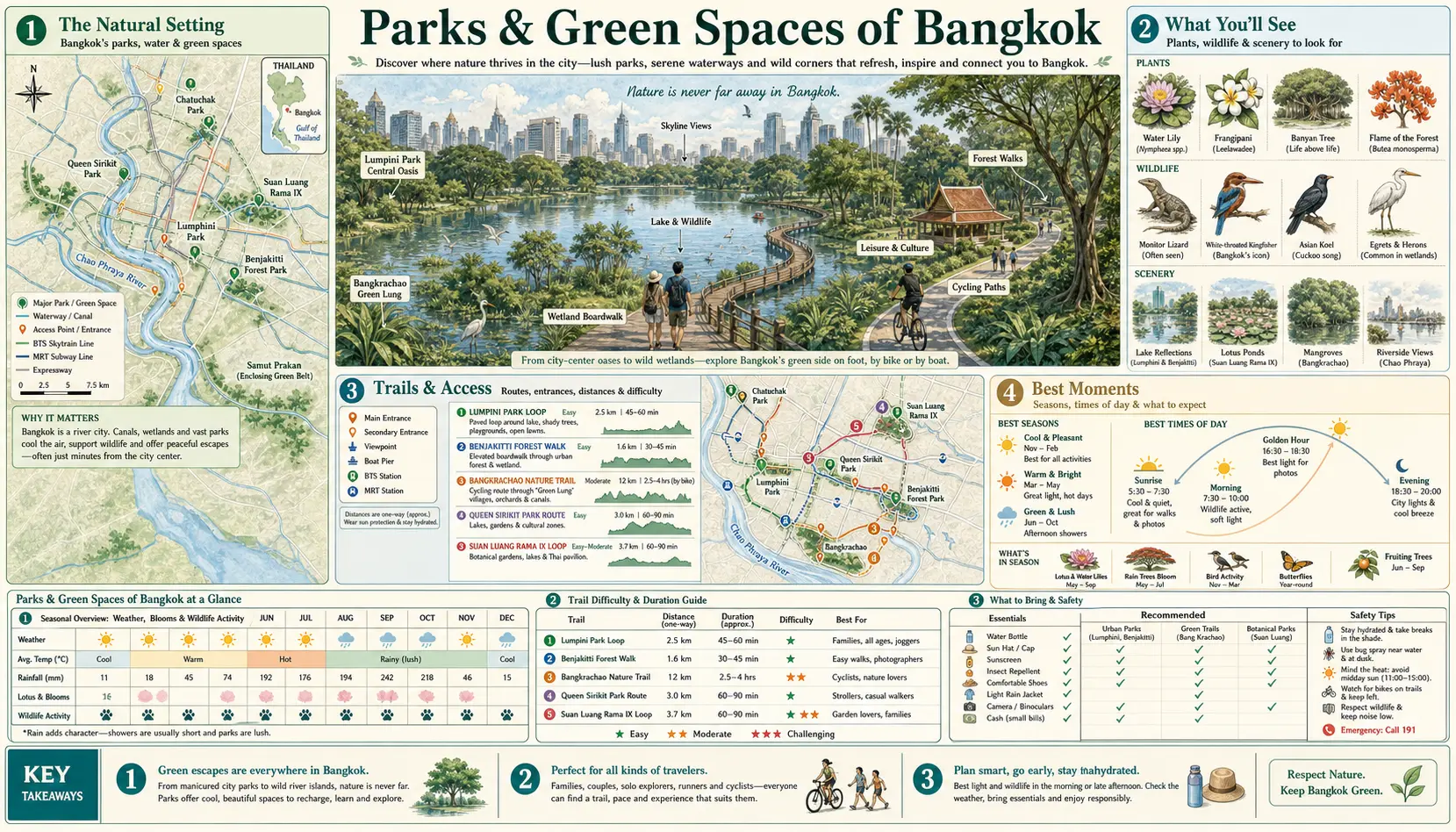 Travel infographic guide poster: Parks and Green Spaces in Bangkok