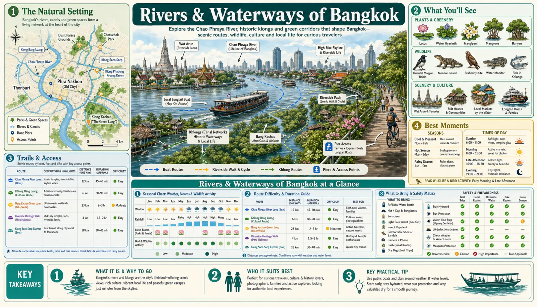 Travel infographic guide poster: Rivers and Waterways in Bangkok