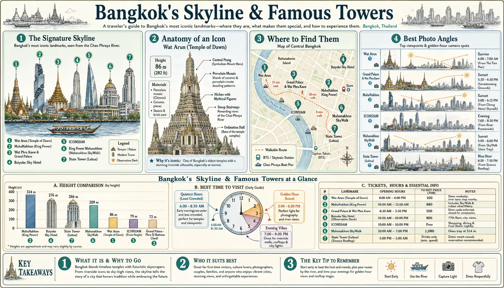 Travel infographic guide poster: Skyline and Famous Towers in Bangkok