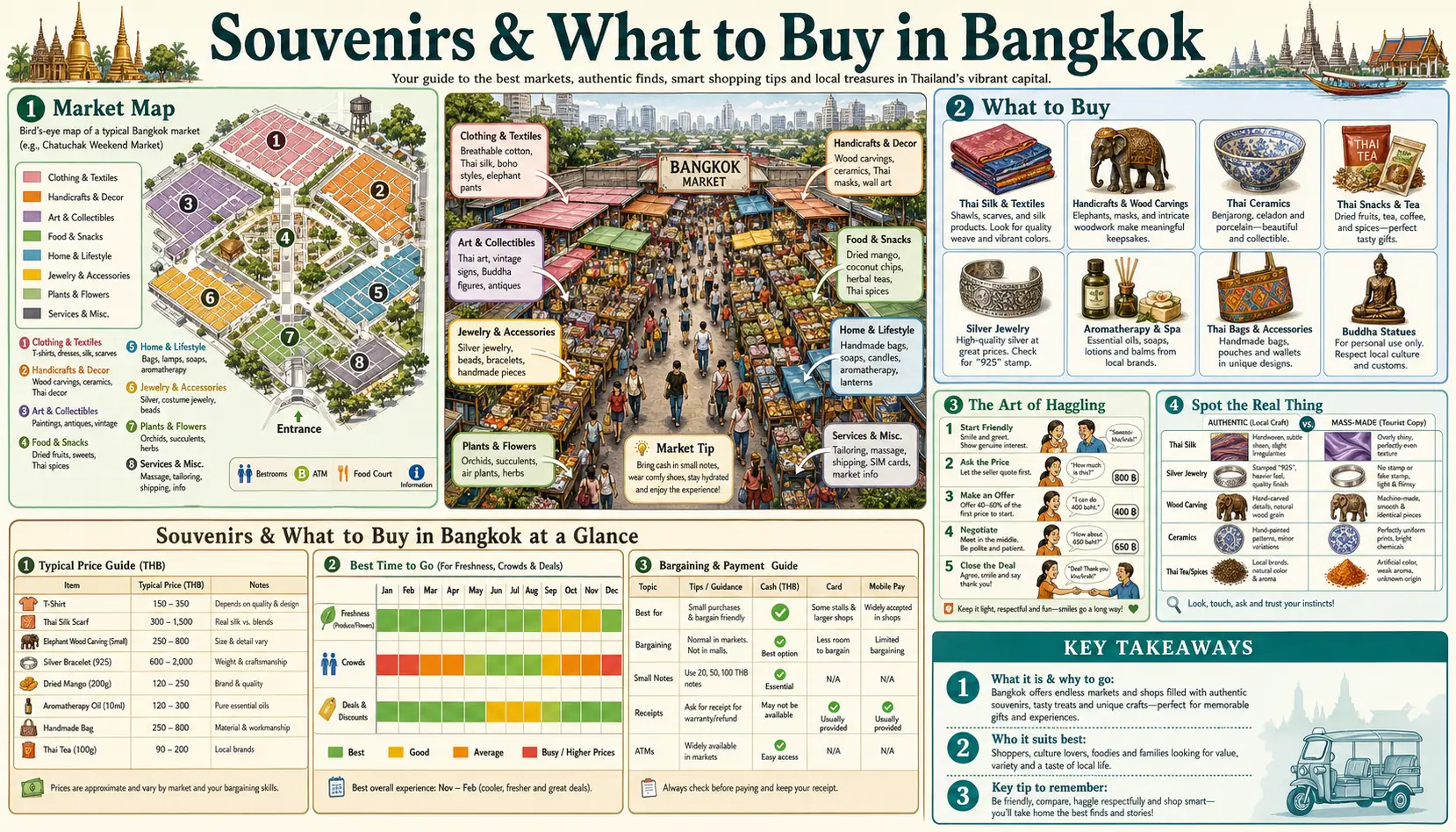 Travel infographic guide poster: Souvenirs and What to Buy in Bangkok