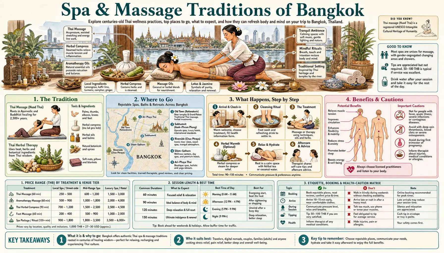 Travel infographic guide poster: Spa and Massage Traditions in Bangkok