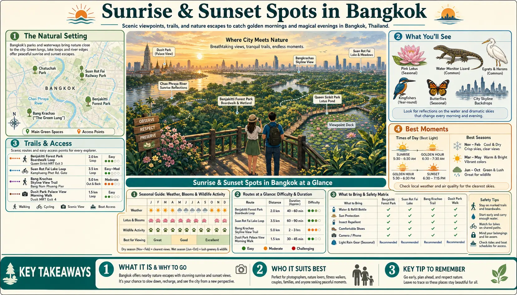 Travel infographic guide poster: Sunrise and Sunset Spots in Bangkok