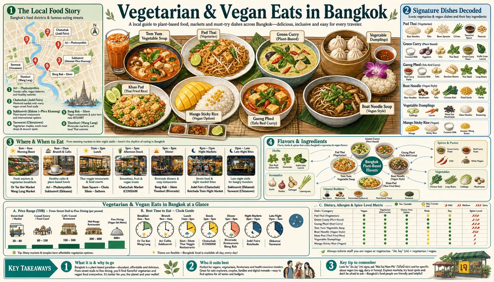 Travel infographic guide poster: Vegetarian and Vegan Eats in Bangkok