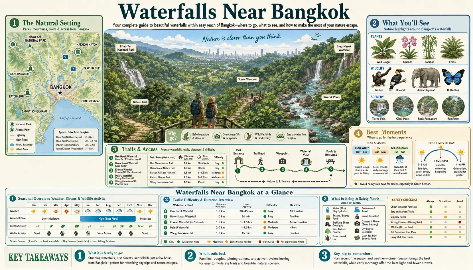 Travel infographic guide poster: Waterfalls in Bangkok